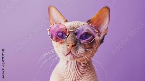 Sphinx cat in trendy sunglasses mystery against a deep purple canvas © Sara_P