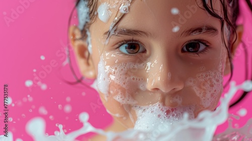 A close up of a young girl with soap in her mouth, AI