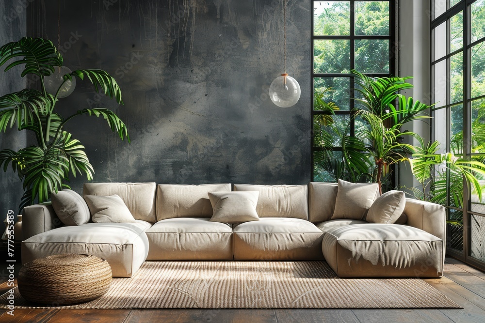Stylish interior of a modern minimalist living room with a white sofa, black accent wall and green indoor plants Stylish interior of a modern minimalist living room with a white sofa, black accent wall and green indoor plants