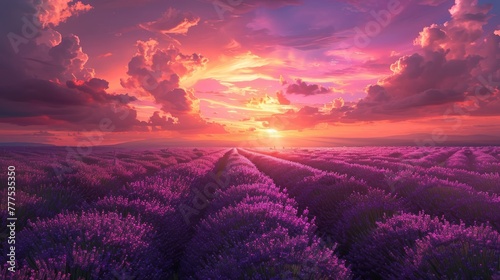 A field of lavender with a beautiful sunset in the background. The sky is filled with clouds and the sun is setting, creating a warm and peaceful atmosphere