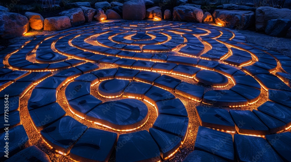 A large, winding path is lit up with lights. The path is made of stone and he is a labyrinth