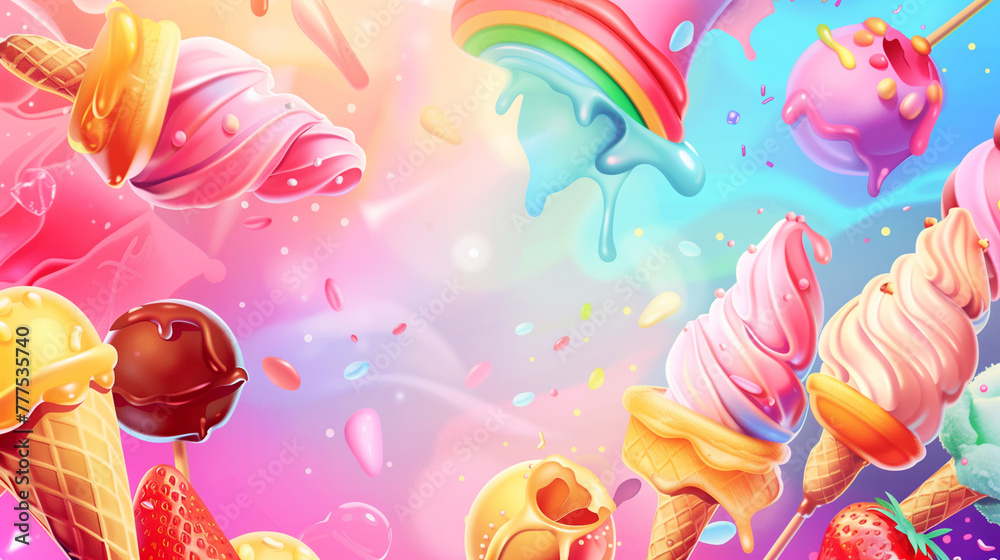 Banner with ice cream with berries on the colorful background. Summer time, summer vibe, sweet food, dessert. 