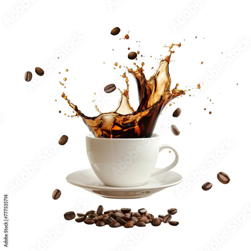 A cup of coffee with a splash of milk and a few coffee beans on top