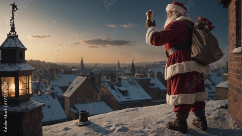 Santa Claus on the roof with snow-covered houses in the background