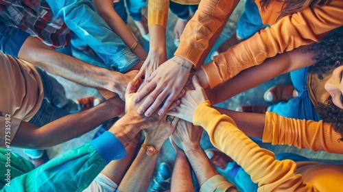 Top-down view of diverse hands stacked together symbolizing teamwork photo