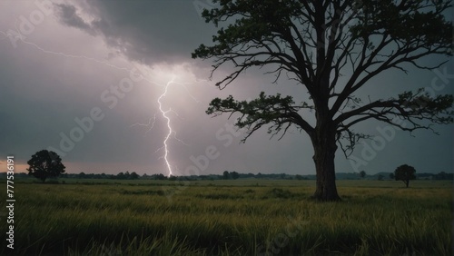 A darkened landscape with a lone tree against a stormy sky where lightning cuts through the clouds, illuminating the dark fields.