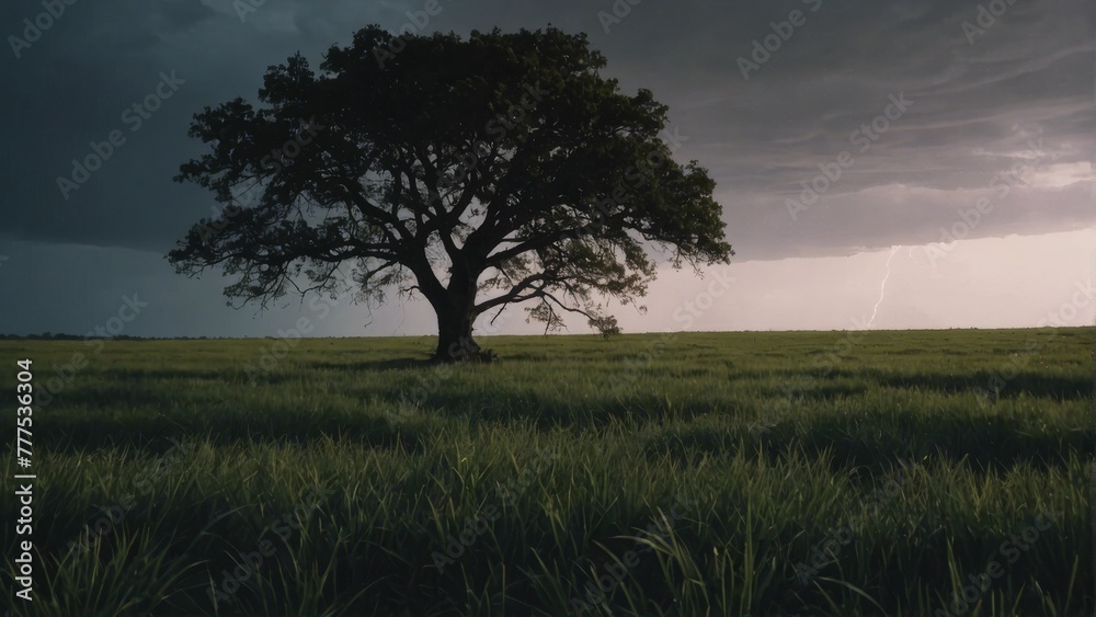 A darkened landscape with a lone tree against a stormy sky where lightning cuts through the clouds, illuminating the dark fields.