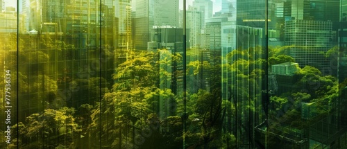 The city is covered in lush green forests and has skyscraper windows that look out on lush greenery. © Zaleman