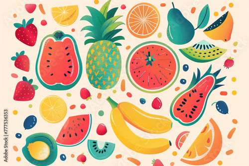 Colorful pattern with tropical fruits and berries. Summer, healthy eating.