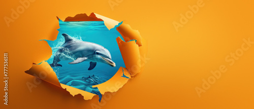 A dynamic scene captures a dolphin leaping from a torn paper border into the blue ocean on a vivid orange background © Fxquadro