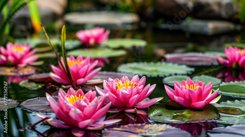 Floating pink lotus flowers or water lily in pond.