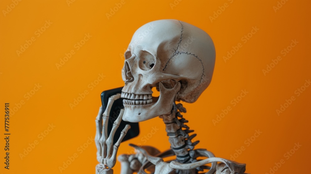 A skeleton holding a cell phone to his ear against an orange background, AI A skeleton holding a cell phone to his ear against an orange background, AI