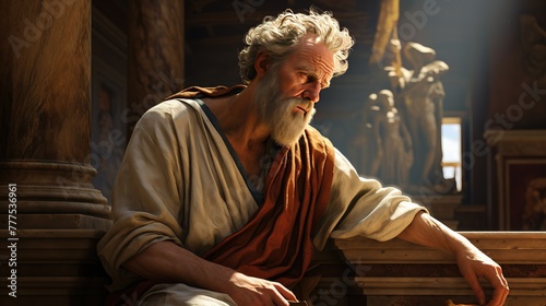 A stoic Greek bearded man bronze statue