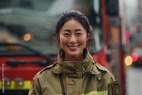 Korean smiling woman firefighter in brown uniform standing next to a red firetruck, outdoors.