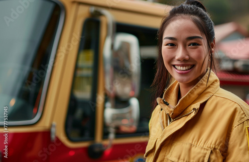Portrait of chinese smiling woman firefighter in orange uniform standing next to a red fire engine, outdoors.