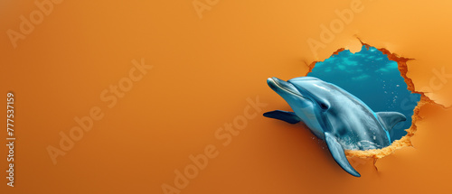 A sleek dolphin is depicted as if jumping buoyantly through a circular torn orange and blue paper portal