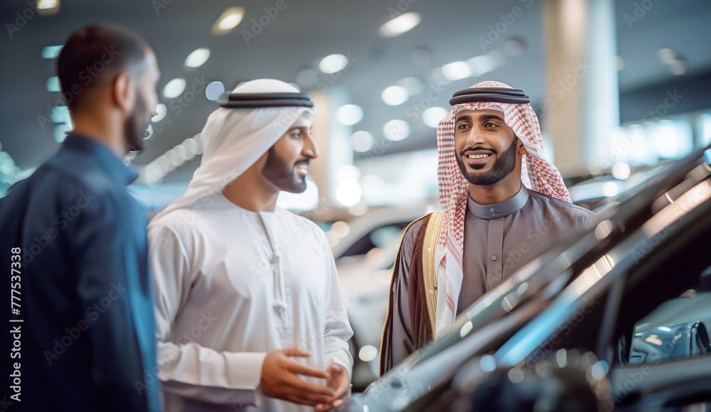 Middle Eastern businessmen discussing luxury cars in showroom. Elegance and sophistication in automotive shopping. Cultural representation in high-end vehicle sales.Luxury, wealth, and success concept