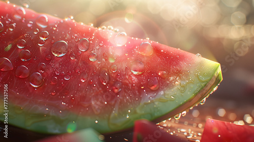 A close-up of a juicy watermelon slice with droplets of water glistening in the sunlight. Summer fruits, healthy eating.