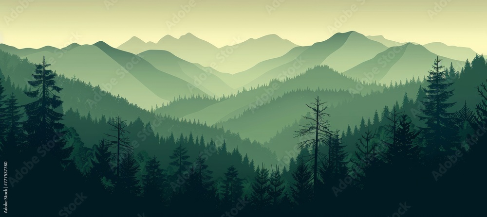 Fototapeta premium forest landscape with mountains, green pine trees and foggy sky background. Nature scenery banner with silhouette trees for travel poster or wall art print.