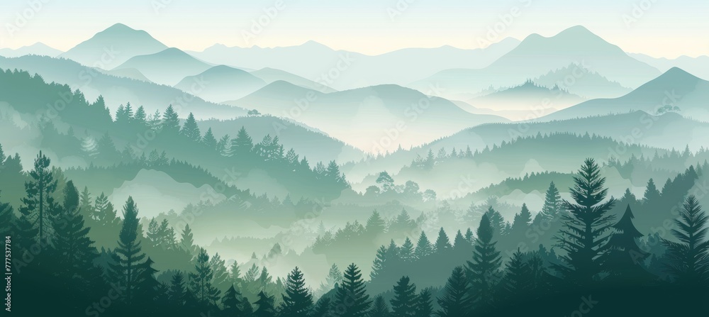 forest landscape with mountains, green pine trees and foggy sky background. Nature scenery banner with silhouette trees for travel poster or wall art print. forest landscape with mountains, green pine trees and foggy sky background. Nature scenery banner with silhouette trees for travel poster or wall art print.