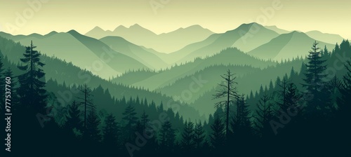 forest landscape with mountains, green pine trees and foggy sky background. Nature scenery banner with silhouette trees for travel poster or wall art print. © Sabina Gahramanova