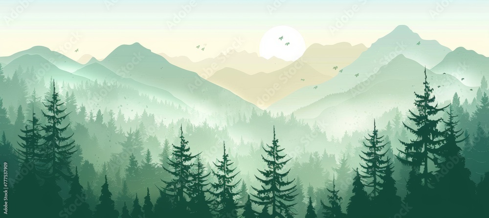 Fototapeta premium forest landscape with mountains, green pine trees and foggy sky background. Nature scenery banner with silhouette trees for travel poster or wall art print.