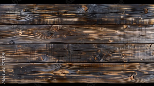 Charred wooden planks with pronounced grain texture and knots. photo