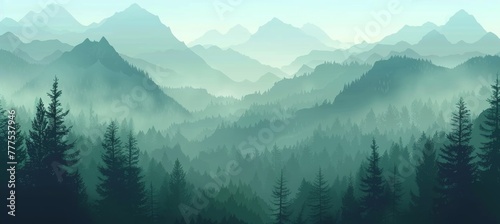 forest landscape with mountains, green pine trees and foggy sky background. Nature scenery banner with silhouette trees for travel poster or wall art print. © Sabina Gahramanova