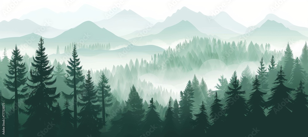Obraz premium forest landscape with mountains, green pine trees and foggy sky background. Nature scenery banner with silhouette trees for travel poster or wall art print.