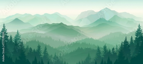 forest landscape with mountains  green pine trees and foggy sky background. Nature scenery banner with silhouette trees for travel poster or wall art print.