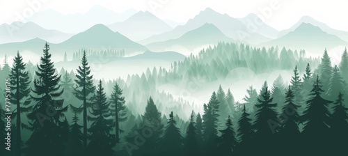 forest landscape with mountains  green pine trees and foggy sky background. Nature scenery banner with silhouette trees for travel poster or wall art print.