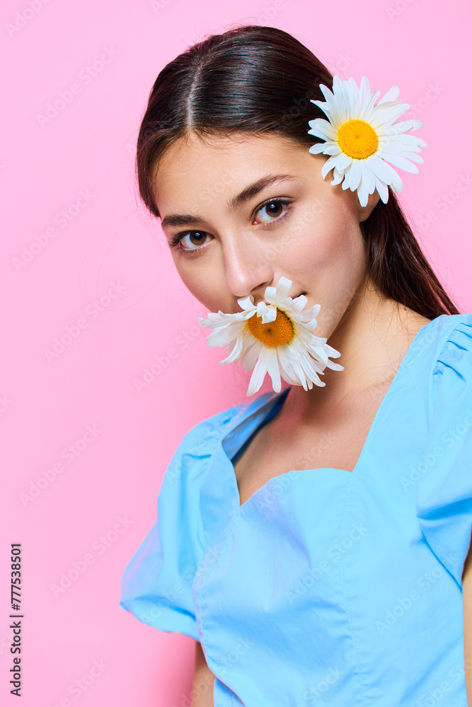 pink woman beauty fashion dress camomile flower young smile studio blue pink woman beauty fashion dress camomile flower young smile studio blue