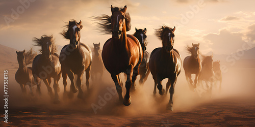 A herd of horses running in the dust, Fast running horse herd kicks up desert dust under dramatic sunset sky