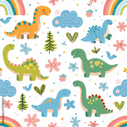 A playful and vibrant pattern featuring cute dinosaurs  rainbows  and nature elements for children s designs. 