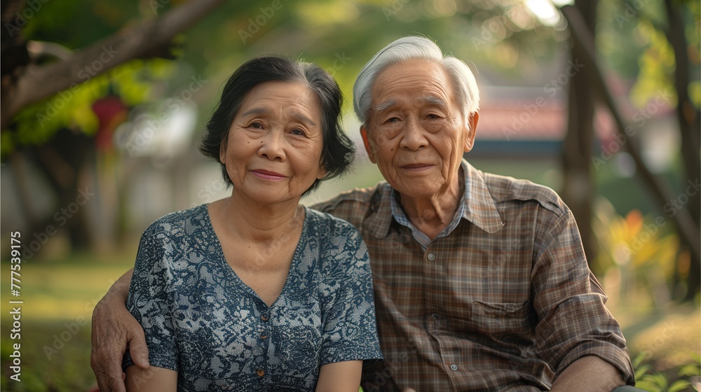 Asian elderly couple with warm love Sit and admire the nature view. in the park amidst nature