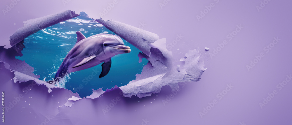 A beautifully rendered dolphin leaps through a torn paper hole revealing an undersea world, representing adventure and the unknown