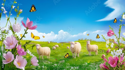 A springtime landscape  with blooming flowers  green meadows