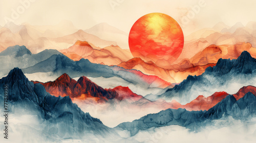 Abstract mountain and golden line arts background vector. Watercolor oriental minimal style painting, landscape, sun, hills, clouds texture. Wall art design for home decor, wallpaper, prints.