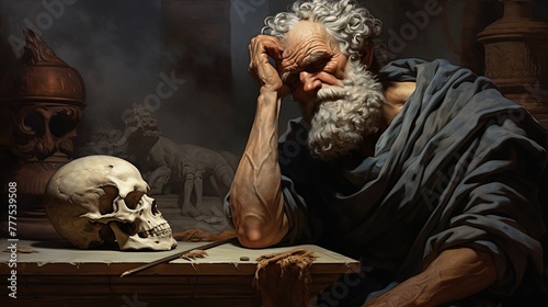 A stoic Greek bearded man bronze statue