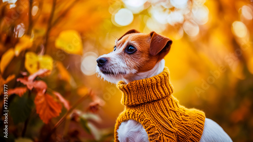 Dog breed Jack Russell Terrier in warm sweater stand against the backdrop of trees in autumn garden. © leo_nik