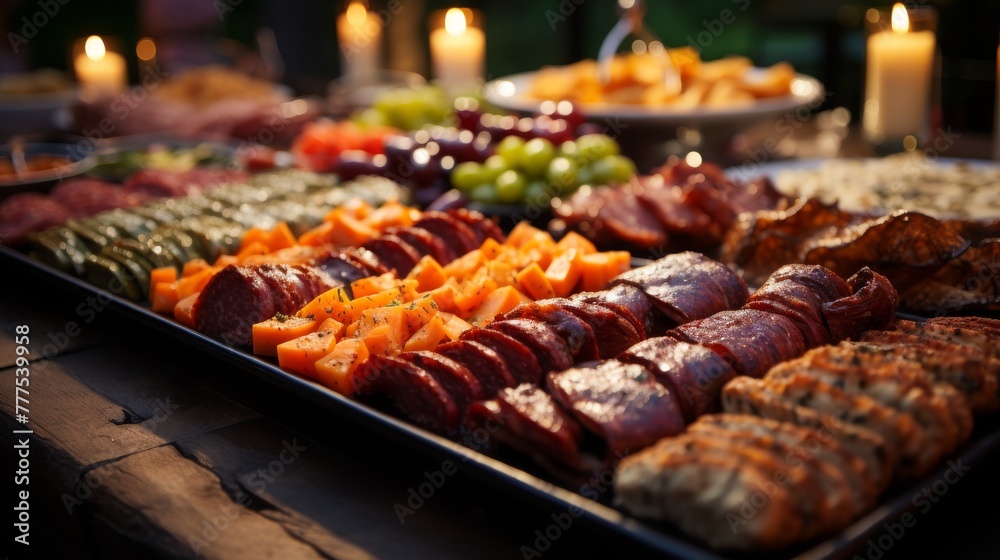 A festive table buffet with an assortment of snacks: sausages and cheeses, fruits and berries, against the backdrop of bokeh garlands.
Concept: holiday menu and cooking, catering services.