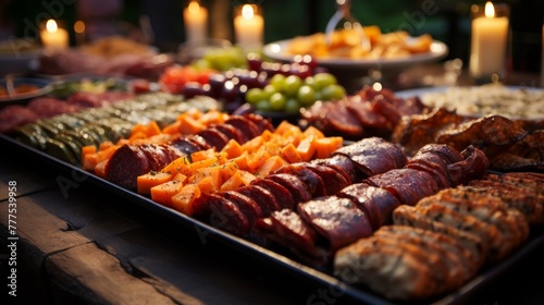 A festive table buffet with an assortment of snacks: sausages and cheeses, fruits and berries, against the backdrop of bokeh garlands. Concept: holiday menu and cooking, catering services.