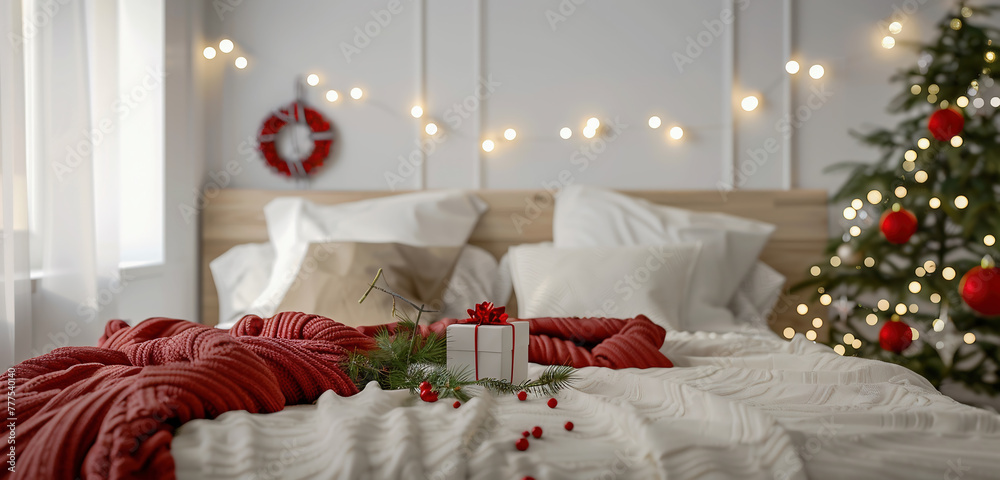 Bedroom with Christmas decorations and a wrapped gift on the bed. Christmas elements. Bedroom with Christmas decorations and a wrapped gift on the bed. Christmas elements.