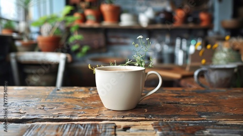 A smooth white ceramic mug sits alone on a rustic table.