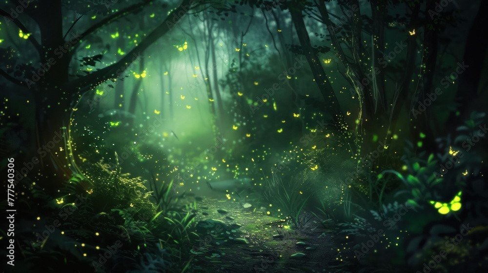 Mystical forest. Night scene with green fireflies dancing among the shadows, capturing the mysterious ambiance and ethereal beauty.