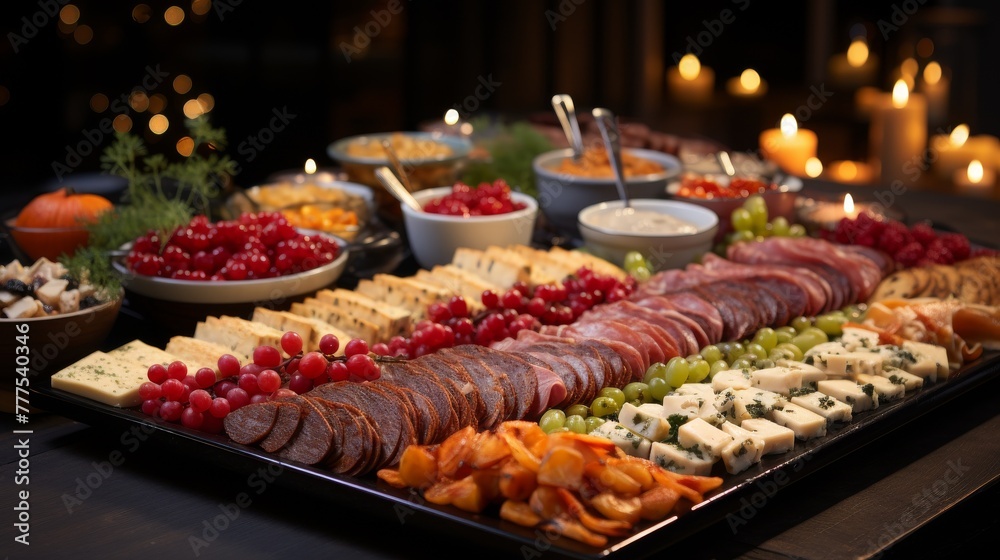A festive table buffet with an assortment of snacks: sausages and cheeses, fruits and berries, against the backdrop of bokeh garlands.
Concept: holiday menu and cooking, catering services.