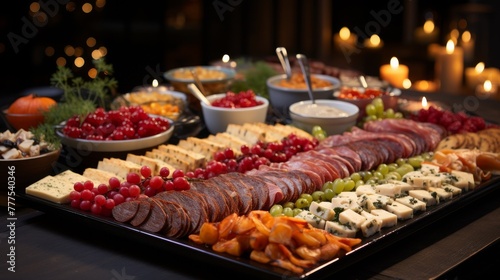 A festive table buffet with an assortment of snacks: sausages and cheeses, fruits and berries, against the backdrop of bokeh garlands. Concept: holiday menu and cooking, catering services.