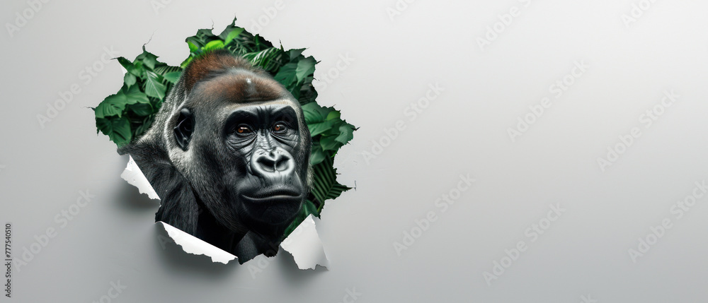 An artistic image of a gorilla's head emerging from a paper tear with lush green leaves
