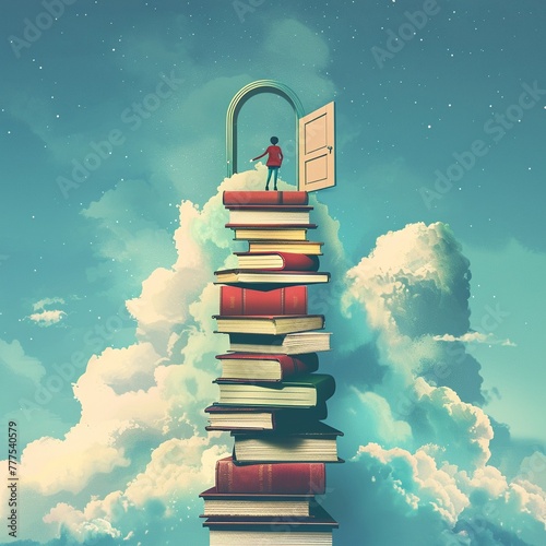 Minimalist design showing a character stepping up a stack of books towards a door in the sky, pathway to success.