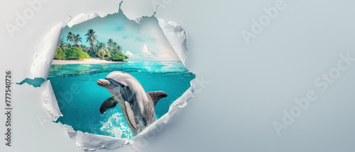 An idyllic beach and dolphin viewed through a torn paper, creating an escape to paradise scene © Fxquadro